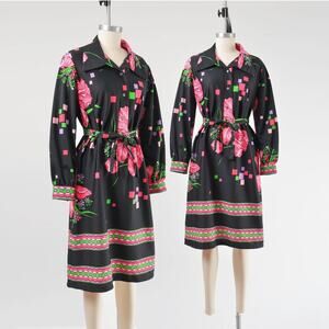 Vintage 70s Black Floral Geometric Retro Shirt Dress with Tie Belt size M